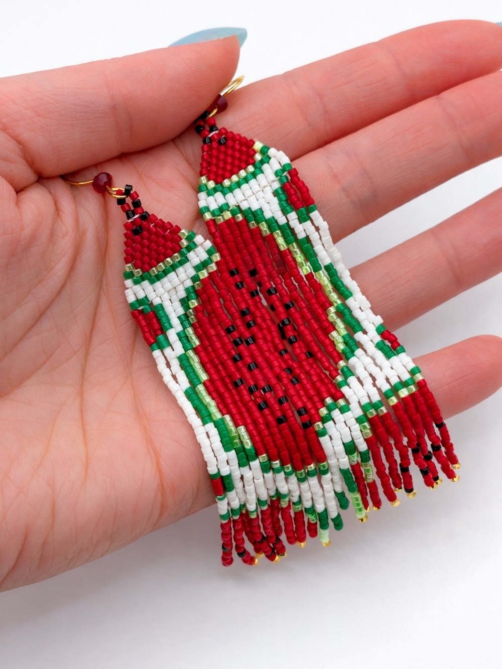 Handmade Watermelon Beaded Fringe Earrings